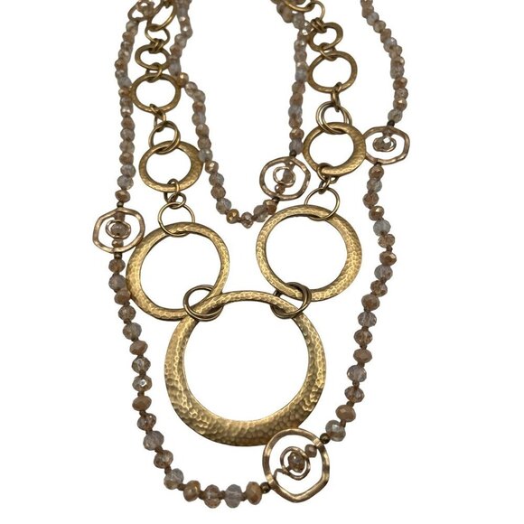 Gold & Crystal Beaded Multi-Layer Necklace With Large Hammered Rings  M07 - Picture 5 of 7